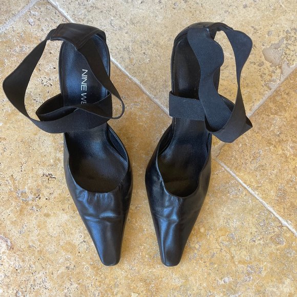 Nine West Leather Pointed Toe Kitten Heel Elastic Cross Ankle Strap Size 5M - Picture 2 of 6